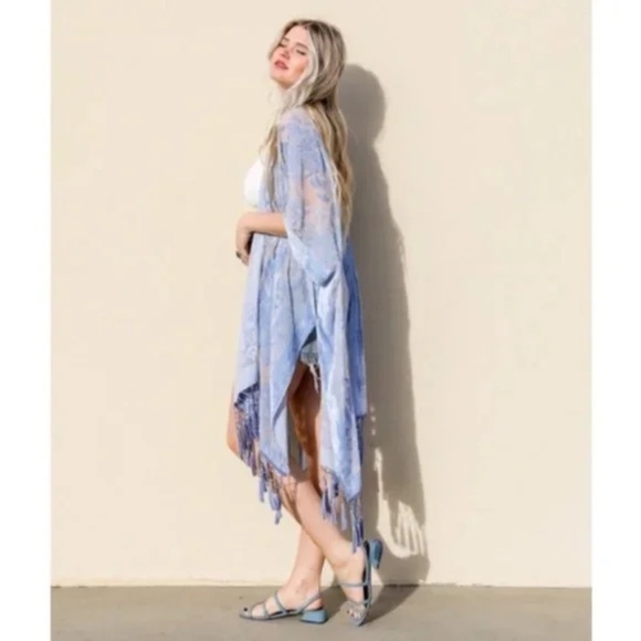 Periwinkle Floral Velvet Burnout Tassel Kimono Open Wrap Coverup Top One Size - Picture 2 of 4